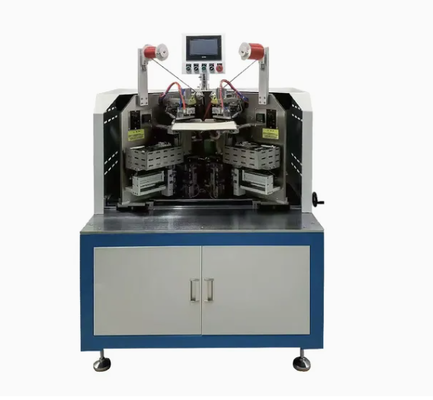 Systemen voor het maken van kledingstukken in harde omhulsel, met dubbel werkstation voor het bevestigen van het lint en met automatisch snij- en kleefband voor de productie
